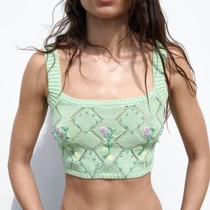 NWT mint green flower embroidered knit crop top